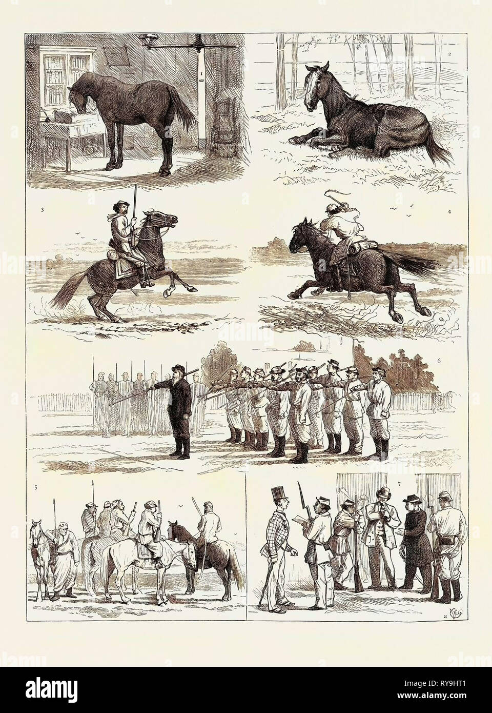 The Recent Revolution in the Argentine Confederation, Sketches in Buenos Ayres 1. Stabled in His Owner's Study to Avoid Seizure. 2. An Exempted Veteran. 3. A National Guard Before the Battle. 4. A National Guard after the Battle. 5. Scouts on the Look-Out for the Enemy. 6. Lance Drill. 7. 'Su Papeleta?' (' Where is Your Certificate of Nationality Stock Photo