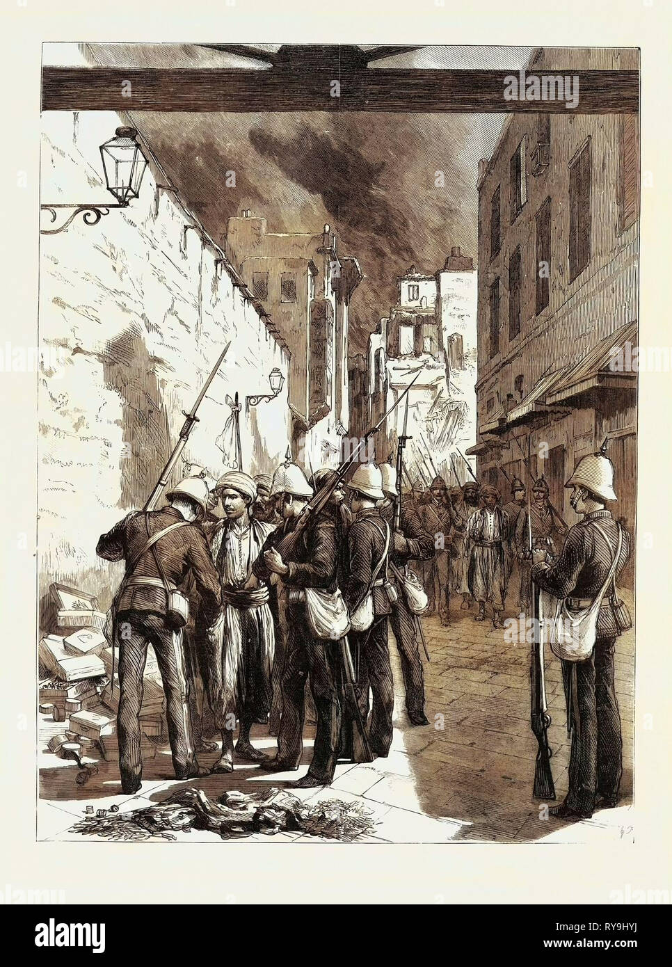 The Burning of Alexandria: British Marines Arresting Arab Looters at the Custom House Gate, Egypt Stock Photo