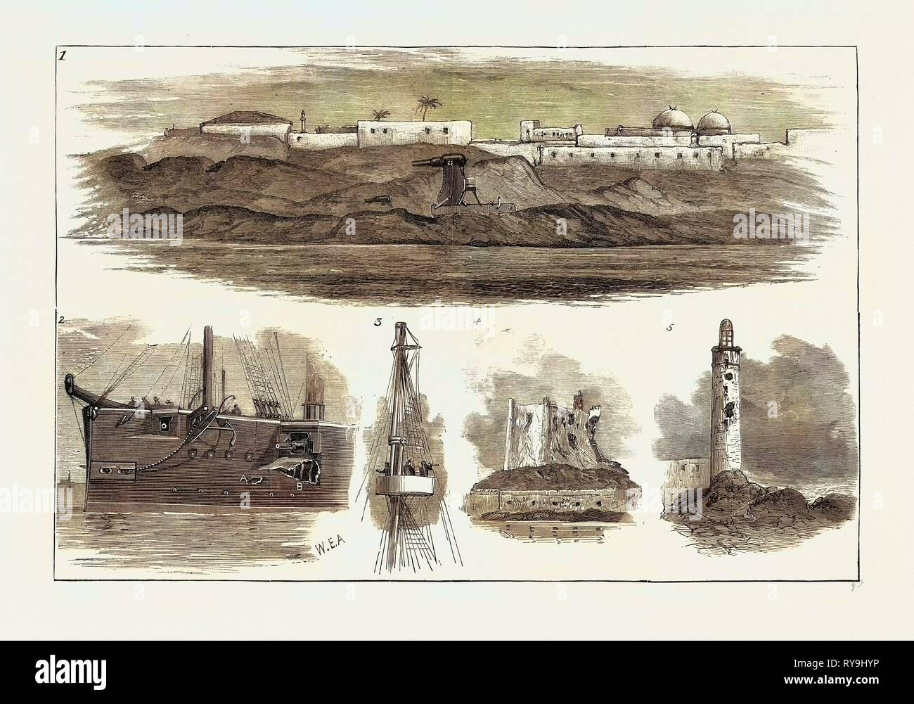 The War in Egypt: After the Bombardment of Alexandria, July 11, 1882: 1. Rifled Guns on Moncrieff Carriages in the Fortifications, 2. Damage Sustained by H.M.S. 'Superb' During the Action, A. The Place Where a Shell Entered, B. Result of the Bursting of the Shell, 3. A Ship's 'Top' in Fighting Trim, 4. Tower, Fort Pharos, 5. The Lighthouse, Showing the Damage Done by the British Artillery Stock Photo