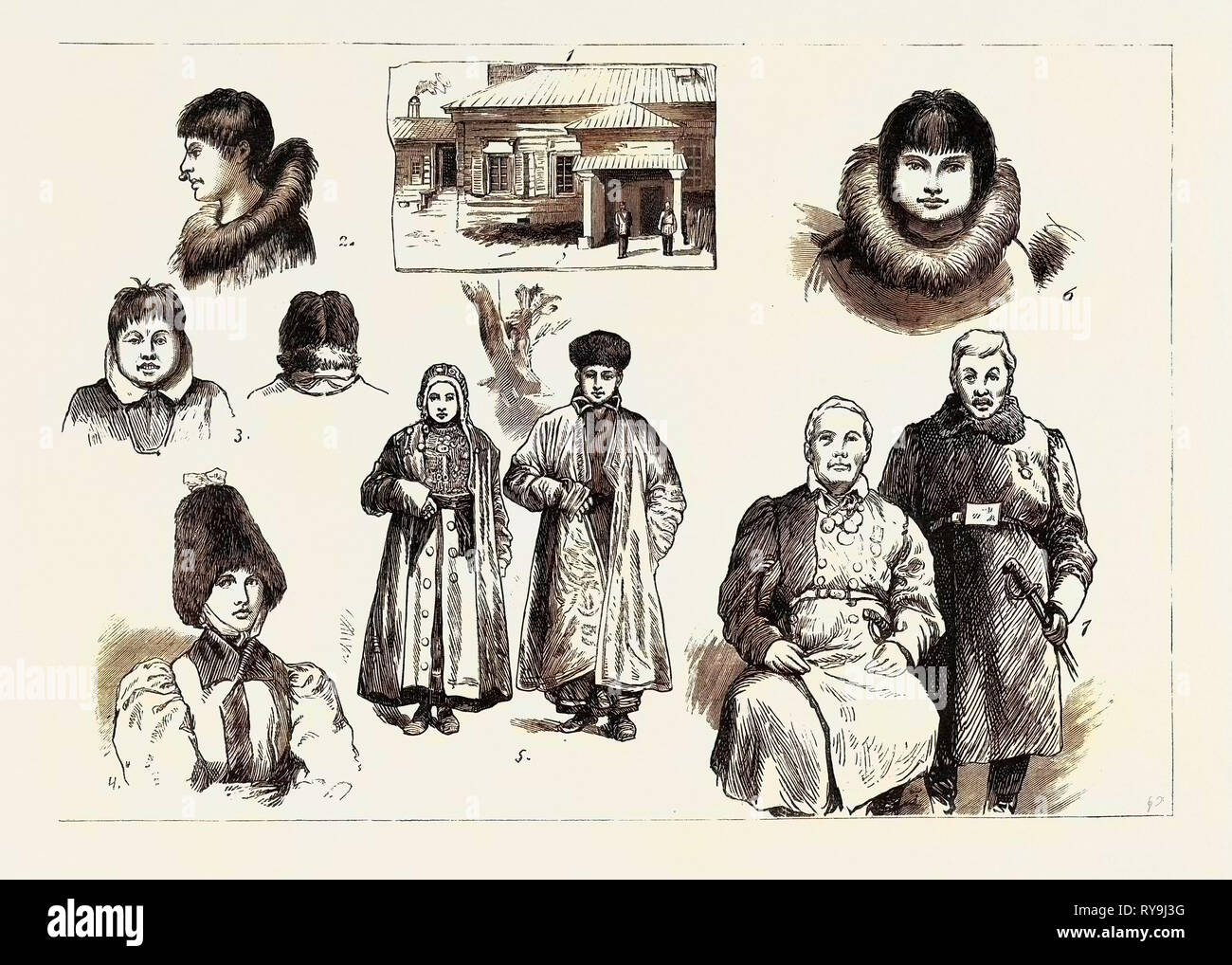 Life and Character in Western Siberia: 1. Governor's House, Jakutsk, Siberia, 2. Girl, St. Michael's, 3. Woman from Cape Stevens (Back and Front View), 4. Woman of Jakutsk, 5. Bashkeer Man and Wife, 6. Young Man, St. Michael's, 7. Wealthy Magnates of Jakutsk Stock Photo