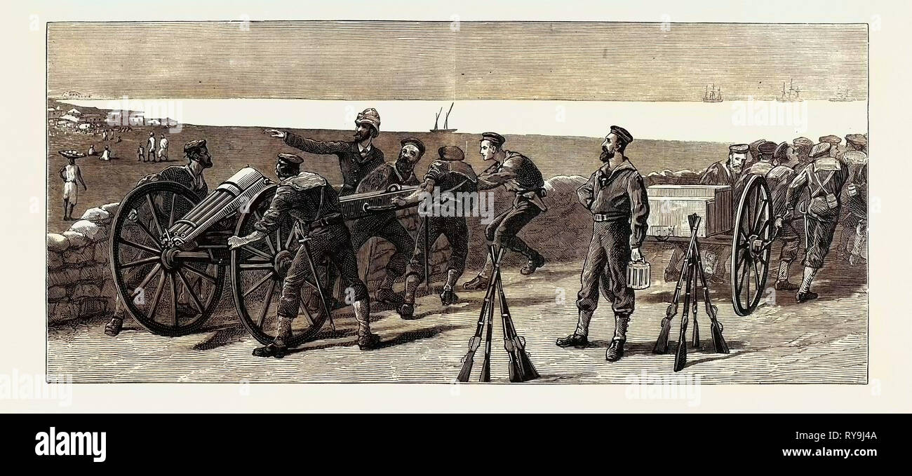 The War in Egypt: Placing a Gatling Gun in Fort Royal, Port Said, to Command the Approach from the Arab Town Stock Photo