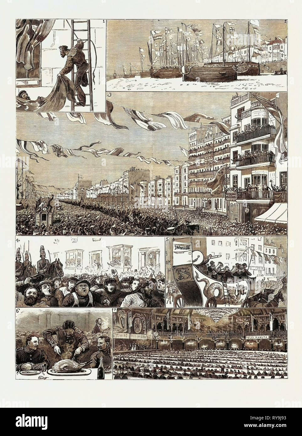 The Return of the Troops from Egypt, Reception of the Fourth Dragoon Guards Brighton: 1. Coast Guards Hanging Bunting, 2. The Fishermen's Tribute, 3. The Procession in the King's Road, 4. The Saline Guard, 5. The Town Band at the End of the Procession, 6. Assaulting Turkey, 7. The Banquet Stock Photo