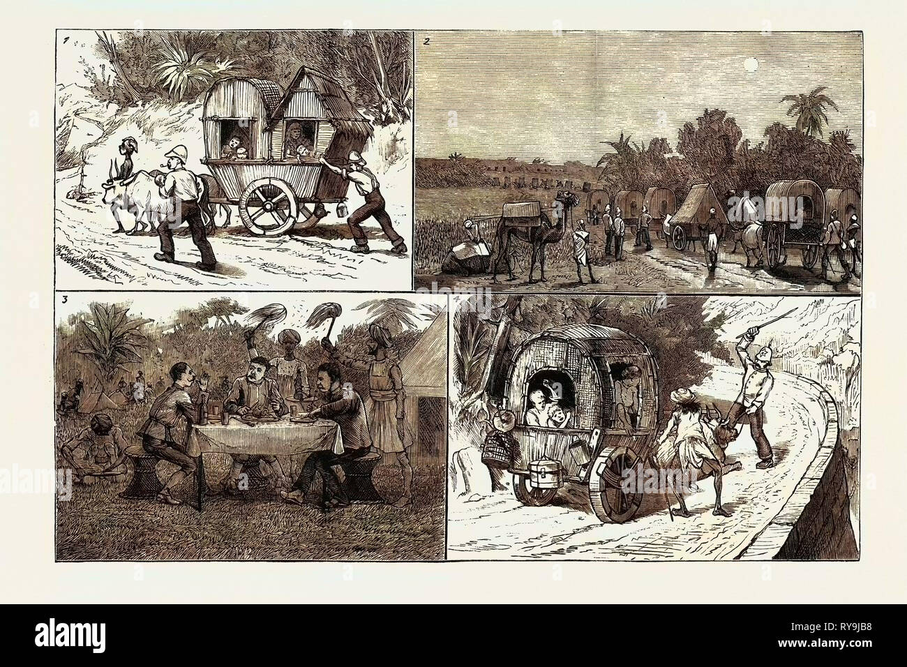 India, a March to a Hill Station with Invalids: 1. A Double Topper, 2. The Start for Moradabad, 3. Dinner at Kasipur, 4. His Bullock Dead Beat, and Five Miles to Camp Stock Photo