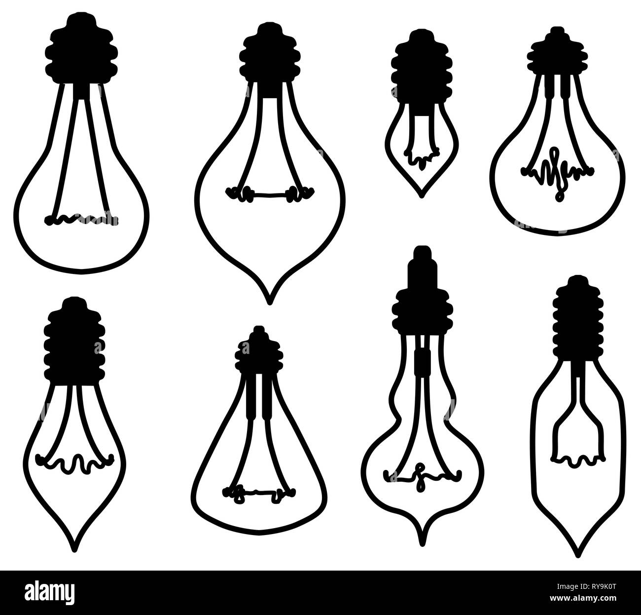 Light bulbs shapes stencil icon set selection black, vector