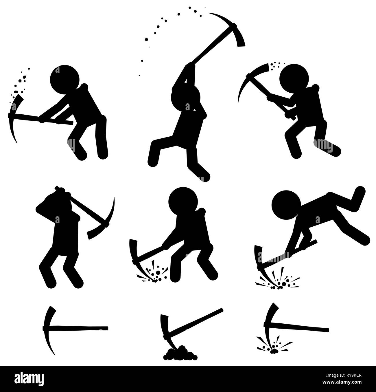 Mining working figures with pickaxes, seamless texture pattern, vector illustration black and white, horizontal background Stock Vector