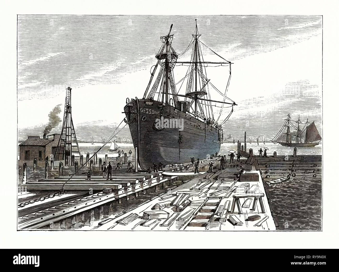 New York: Preparing to Remove the Obelisk from the Hold of the Steamer Dessoug, at the Clifton Dry Dock, Staten Island. U.S., Engraving 1880 1881 Stock Photo