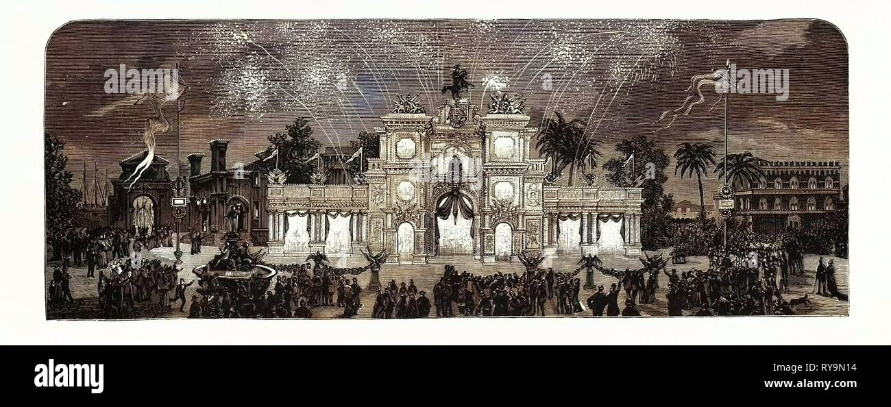 Italy: The Pyrotechnic Display at the Fete of St. Rosalie, at Palermo, Engraving 1880 1881 Stock Photo