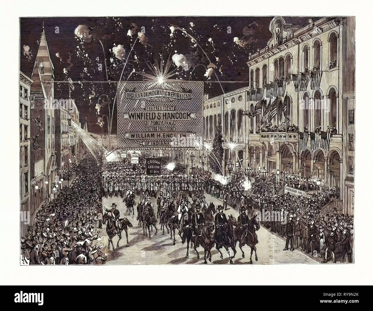 New York: Democratic Demonstration, the Coogan Legion Passing Tammany Hall. U.S., Engraving 1880 1881 Stock Photo