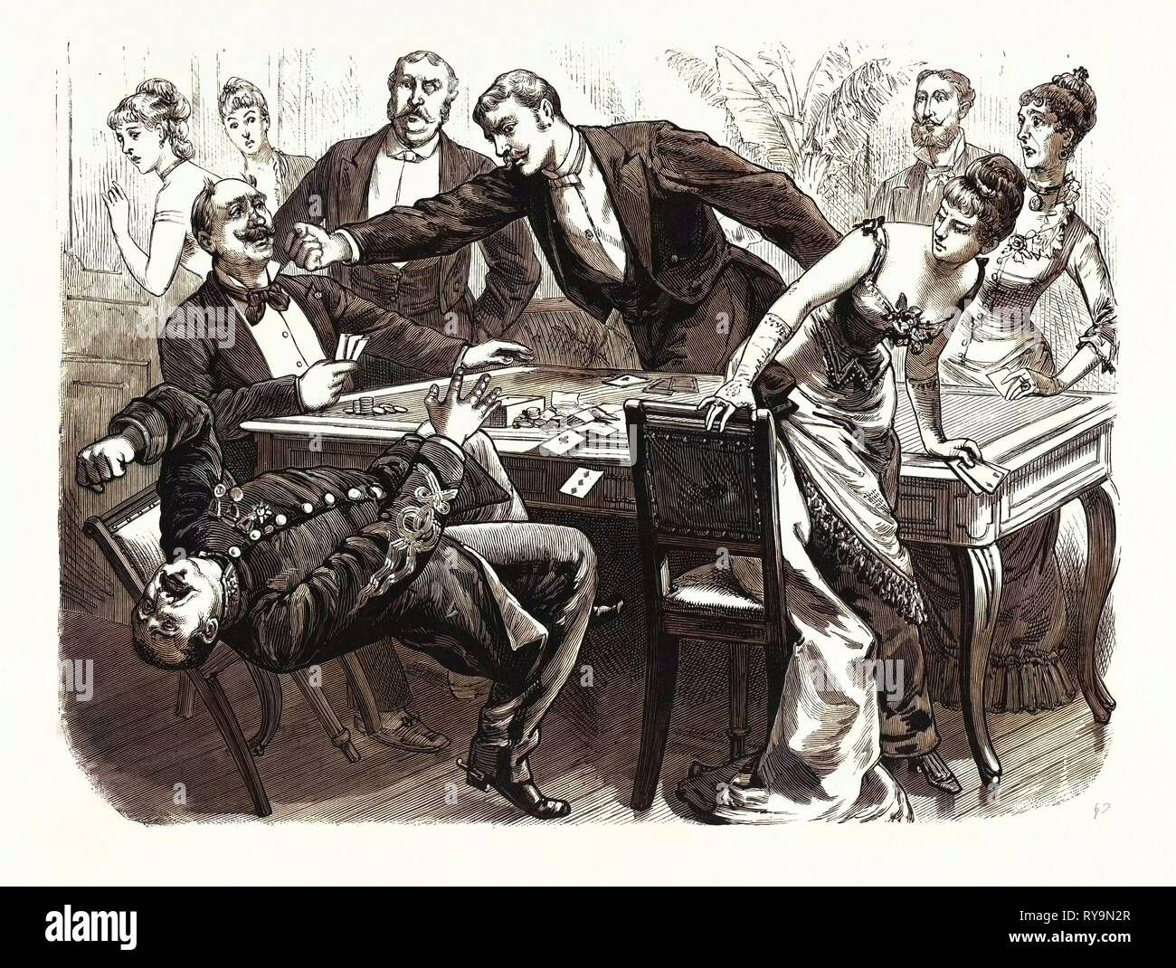 The Black Robe Scene in the Drawing-Room at Boulogne, Romayne Knocking Down the General at the Card Table, Engraving 1880 1881 Stock Photo