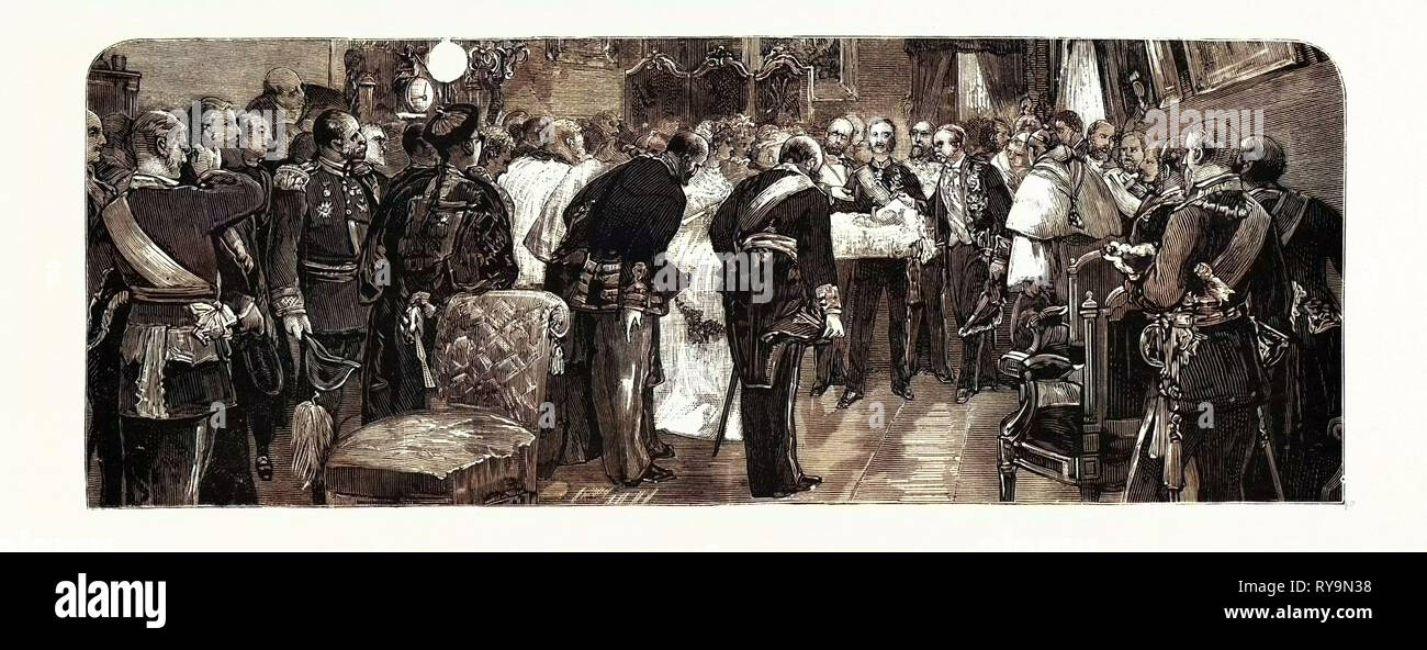 Spain: The Royal Birth, King Alfonso Presenting the Infanta to the Ambassadors and State Officials, Engraving 1880 1881 Stock Photo