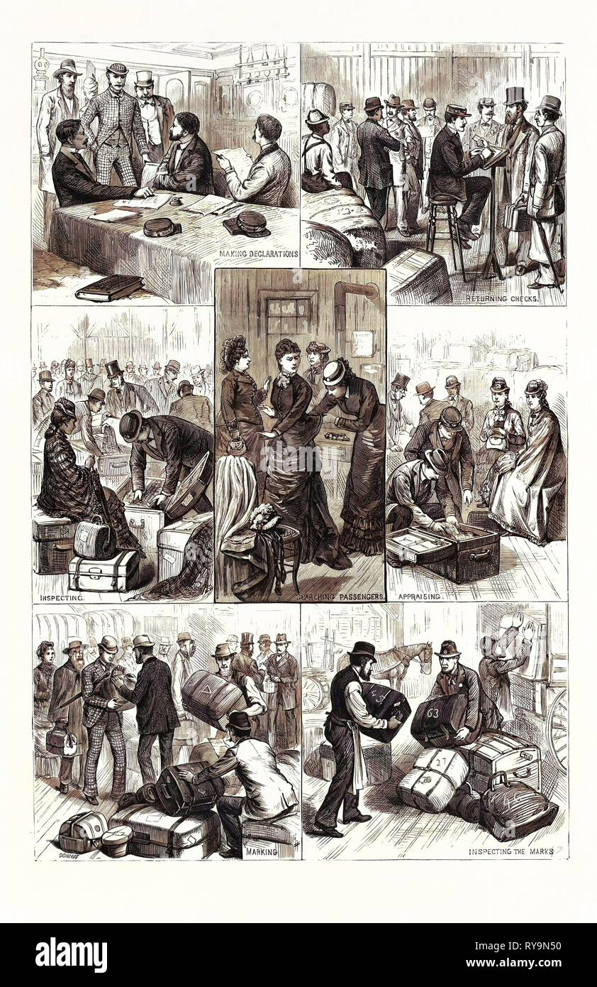 New York: The Terror of Ocean Travelers, a Day with a Custom House Inspector. U.S., Engraving 1880 1881 Stock Photo