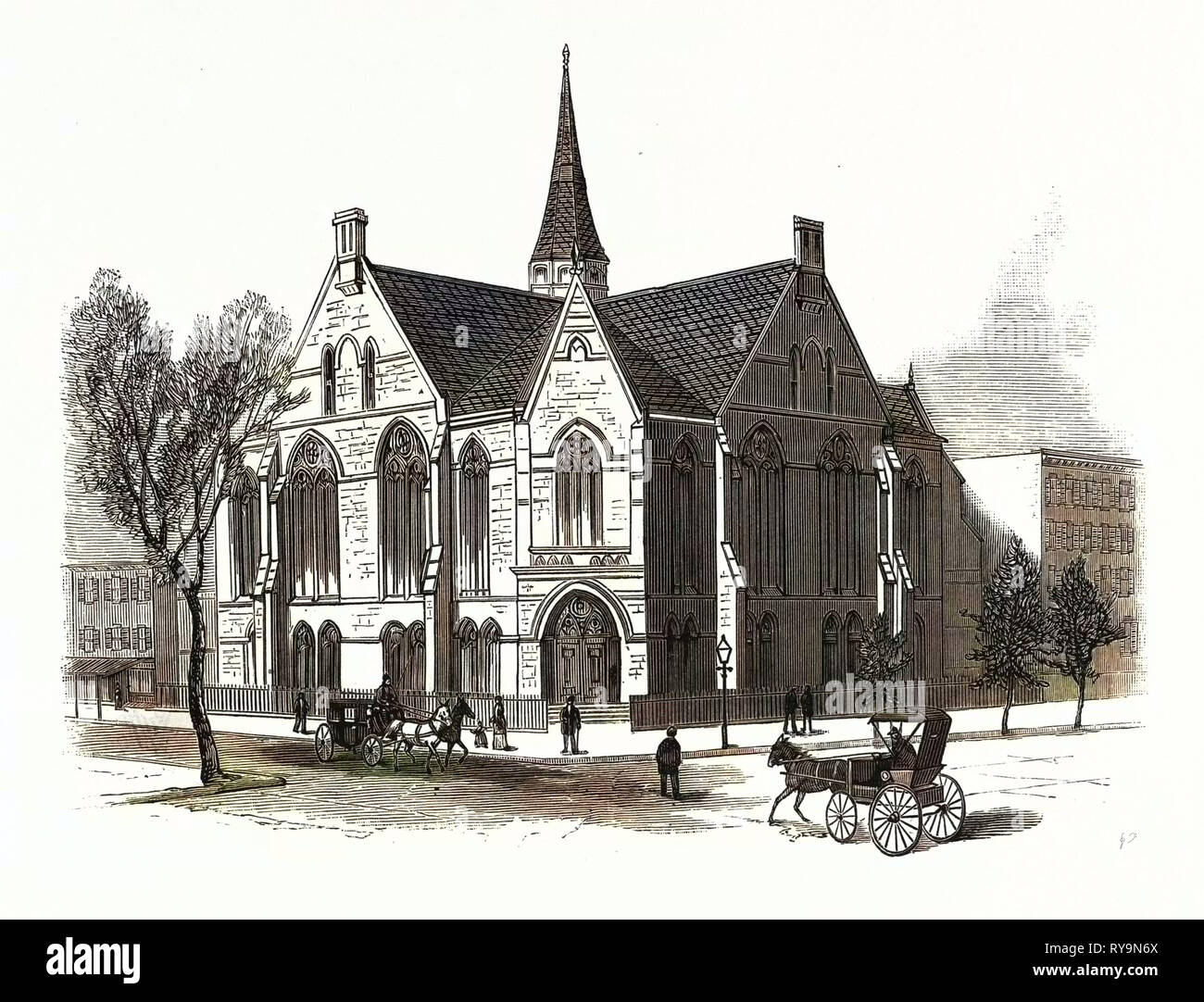 New York: New First Baptist Church on Pierrepont Street, Brooklyn, U.S., Engraving 1880 1881 Stock Photo