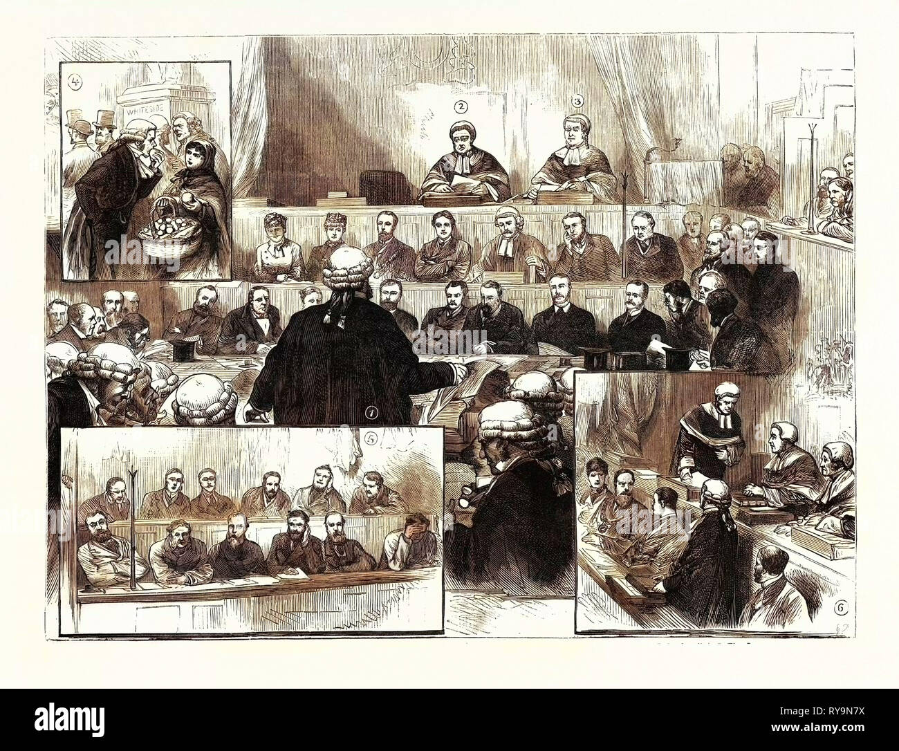 The Irish Land League Trials at Dublin: 1. The Attorney-General for Ireland Stating the Case for the Crown. 2. Mr. Justice Fitzgerald. 3. Mr. Justice Barry. 4. A Refresher. 5. The Jury. 6. Lord Chief Justice May Withdrawing from the Bench. Ireland, Engraving 1880 1881 Stock Photo
