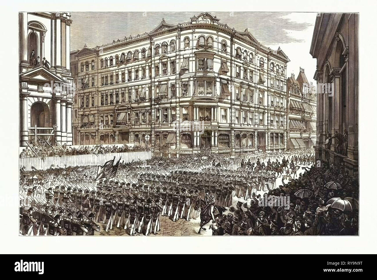 Massachusetts: The Boston Celebration, the Twenty-Third Regiment, N.G.S.N.Y., Passing the Maverick National Bank, Post Office Square. U.S., Engraving 1880 1881 Stock Photo