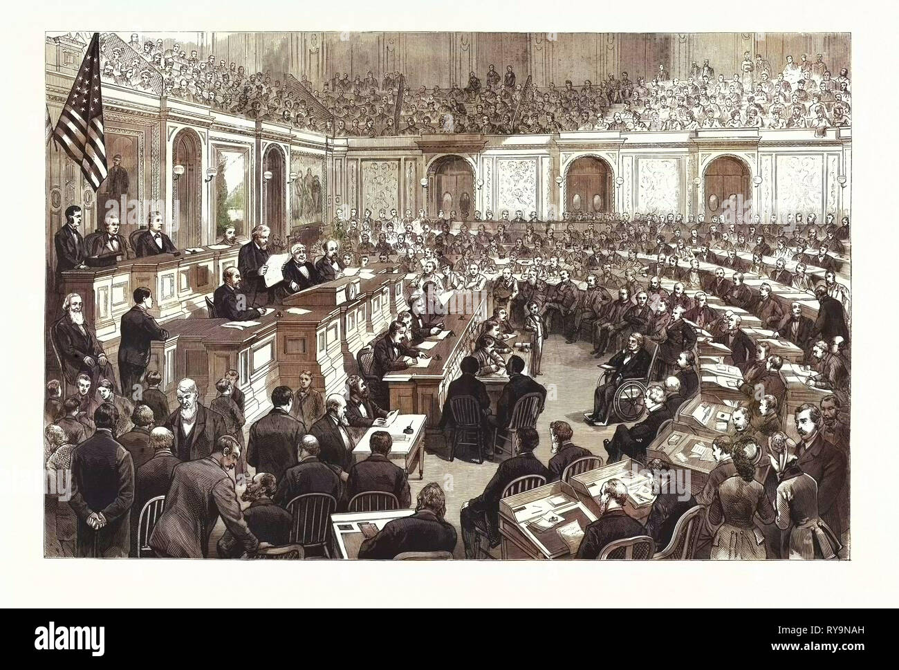 Washington D.C.: The Official Count of the Electoral Votes for President and Vice-President, in the Hall of the Representatives, U.S., Engraving 1880 1881 Stock Photo