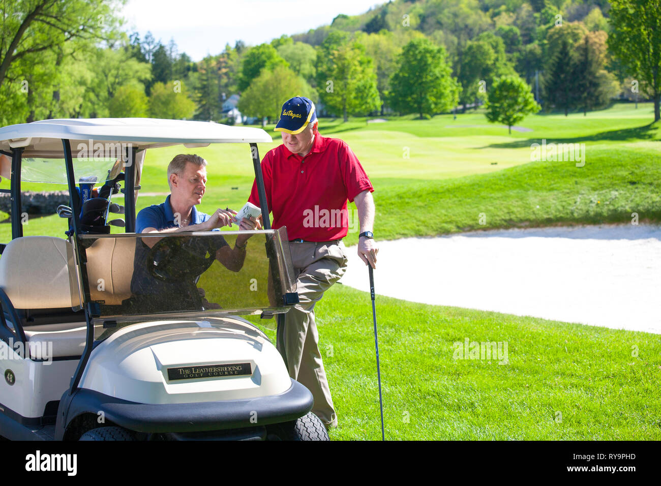 Mature male golfers discuss the course from their cart, USA Stock Photo