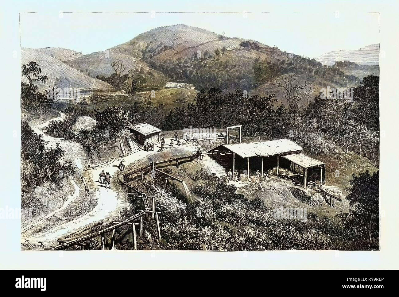 General View of the Mines, Showing the Entrance to One of the Large Tunnels Gold Mining in Wynaad India, Engraving 1884 Stock Photo