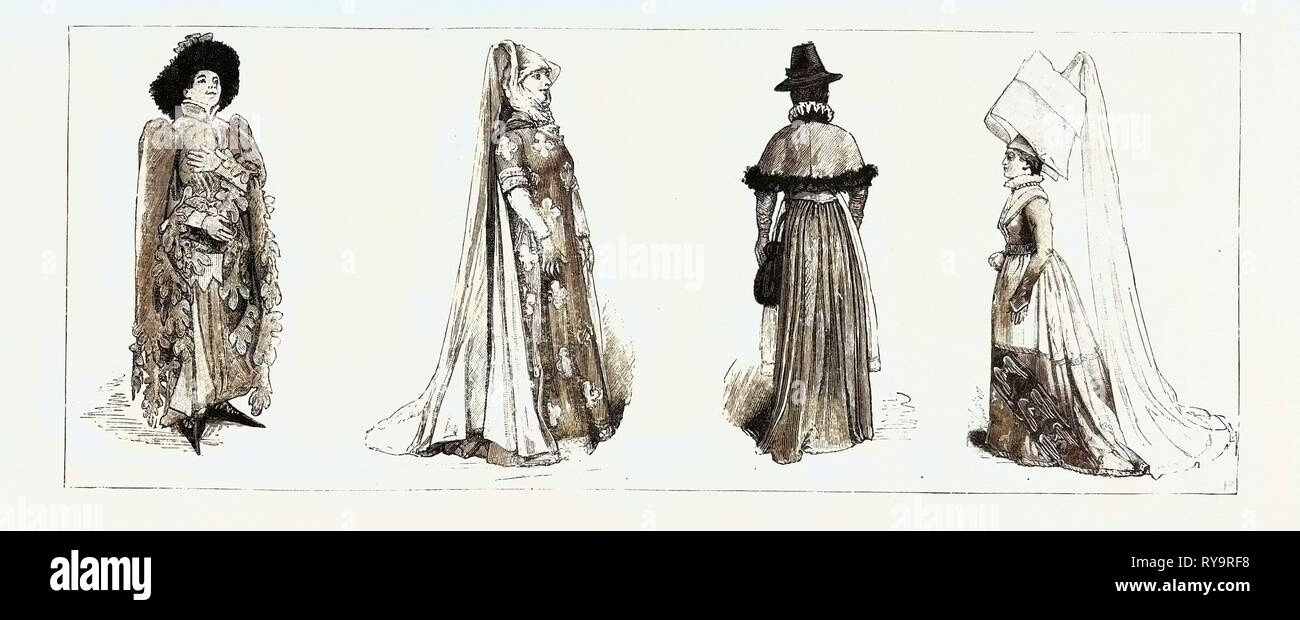 Historical Costumes at the International Exhibition, South Kensington, London, Engraving 1884, UK, Britain, British, Europe, United Kingdom, Great Britain, European Stock Photo