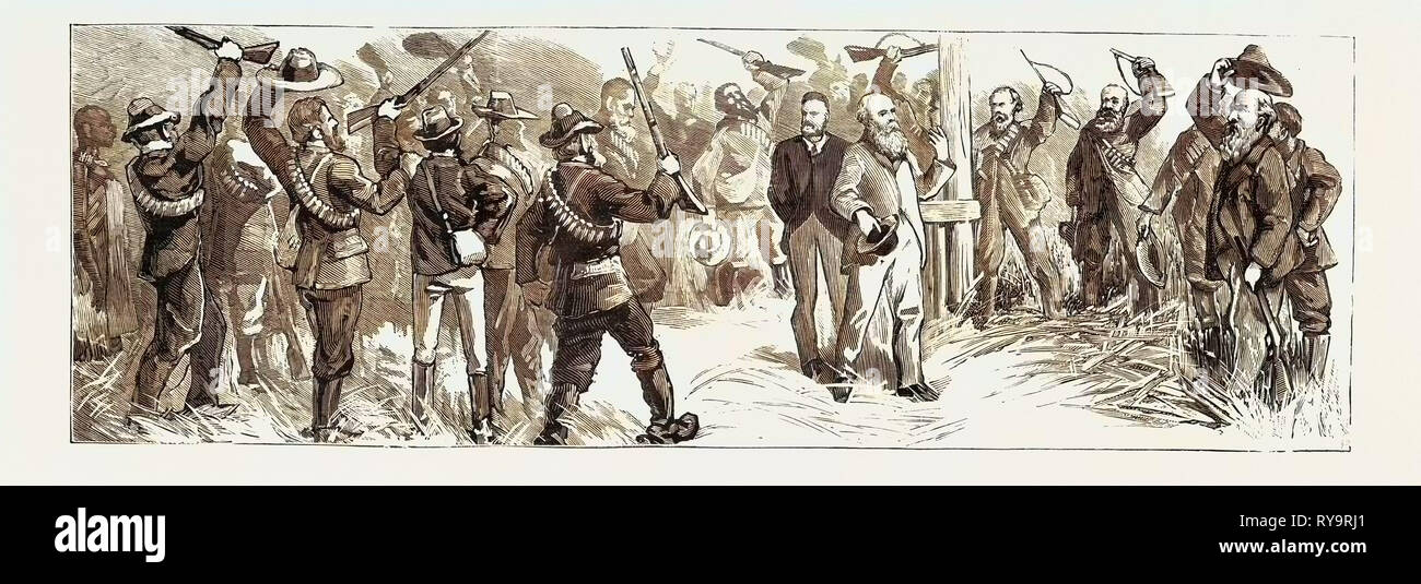 President Brand Hoisting the Free State Flag at Thabanchu Baralong Orange Free State South Africa Bedford, Engraving 1884 Stock Photo