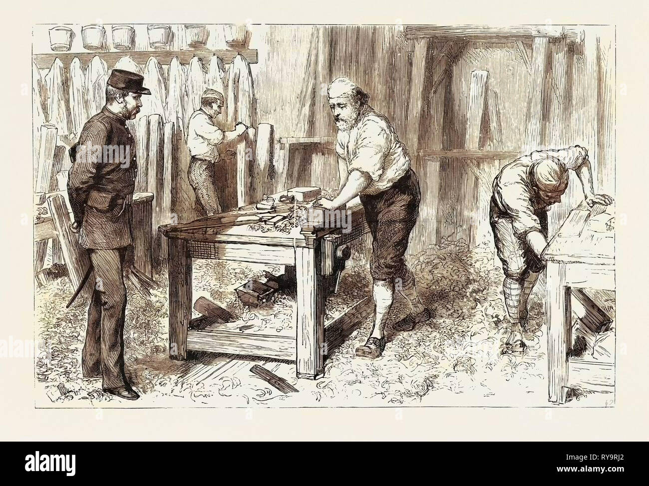 The Claimant at Work in the Carpenters Shop,  Portsmouth Convict Prison, Engraving 1884, UK, Britain, British, Europe, United Kingdom, Great Britain, European Stock Photo