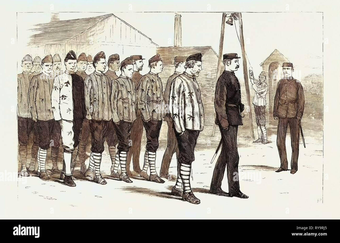 The Claimant with Other Convicts Leaving the Joiners' Shop, Engraving 1884, UK, Britain, British, Europe, United Kingdom, Great Britain, European, Portsmouth Convict Prison Stock Photo