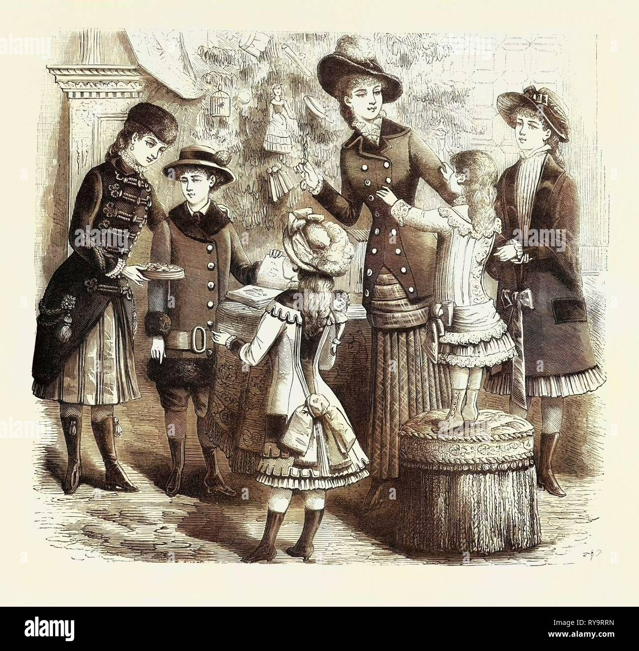 Winter Costumes for Children, Fashion, Engraving 1882 Stock Photo