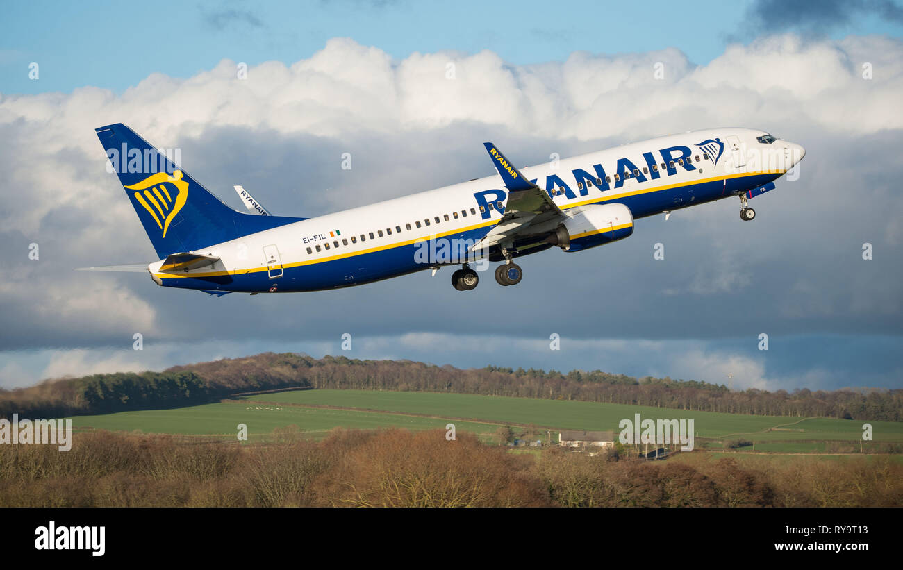 Prestwick, UK. 7 March 2019. Ryanair Flight Boeing 737-8AS (Reg: EI-FIL) departing Prestwick International Airport. This aircraft is a next generation Stock Photo