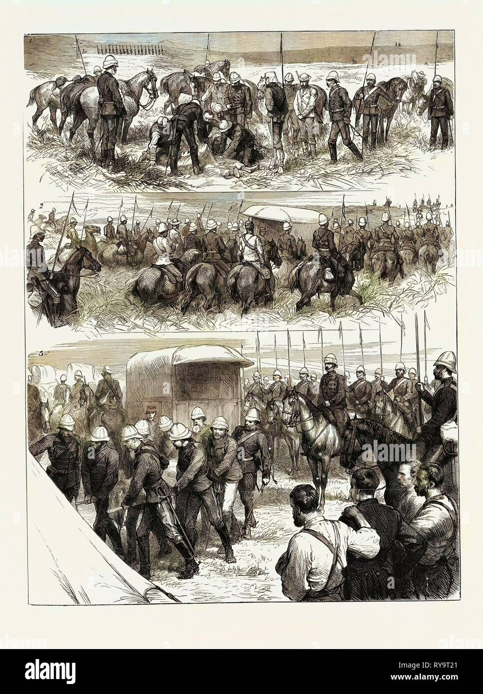 I. Finding the Late Prince's Body.-2. Removing the Body to the Camp on the Incenci Neck.-3. Arrival of the Body at the Camp. The Zulu War the Late Prince Louis Napoleon, Engraving 1879 Stock Photo