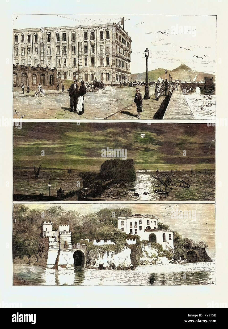 The Ex Khedive of Egypt at Naples, Italy, Engraving 1879, 1, Royal Hotel Des Etrangers, Temporary Residence of Ismail Pasha and His Sons. 2. The Bay of Naples, from Ismail Pasha's Apartments.-3. The Villa Maraval Roccabella, Residence of the Ladies of the Ex-Khedive's Family Stock Photo