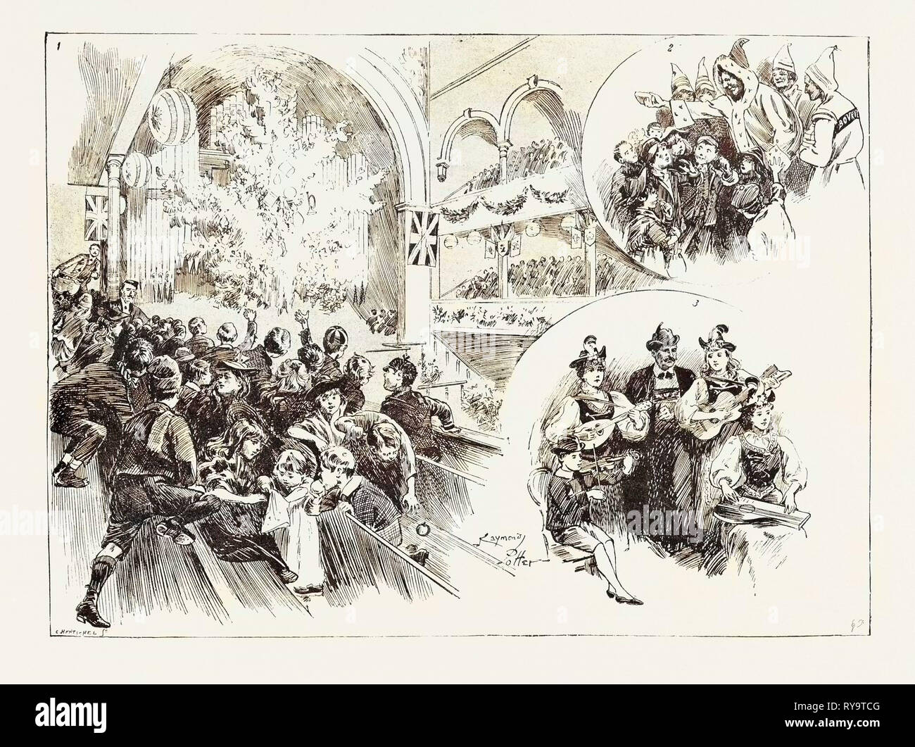 Christmas Fete at Mr. Charrington's Assembly Hall, Mile End: 1. An Exciting Moment. 2. Food for the Body: Giving Packets of Bovril and Chocolate to the Children. 3. Food for the Mind: Entertainment by the Meier Family Stock Photo