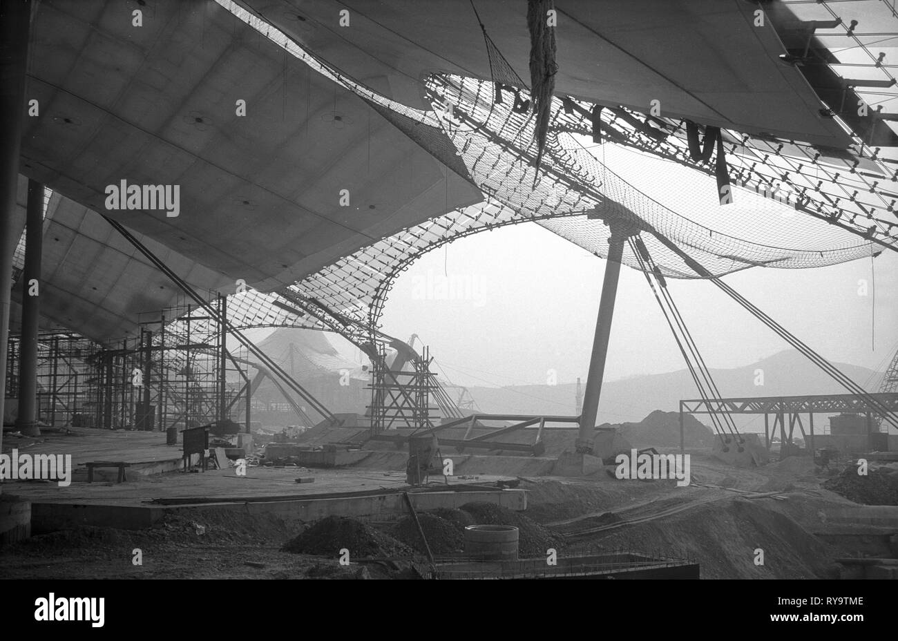 The Munich Olympic Park under construction, 1971. Olympic Hall, site of the Olympic Games 1972, Munich, Upper Bavaria, Bavaria, Germany Stock Photo