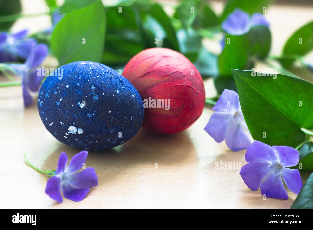 Easter background with Easter eggs on table Stock Photo