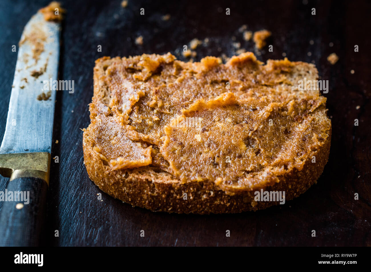 Organic Date Fruit Paste Dough with Bread. for Breakfast. Stock Photo
