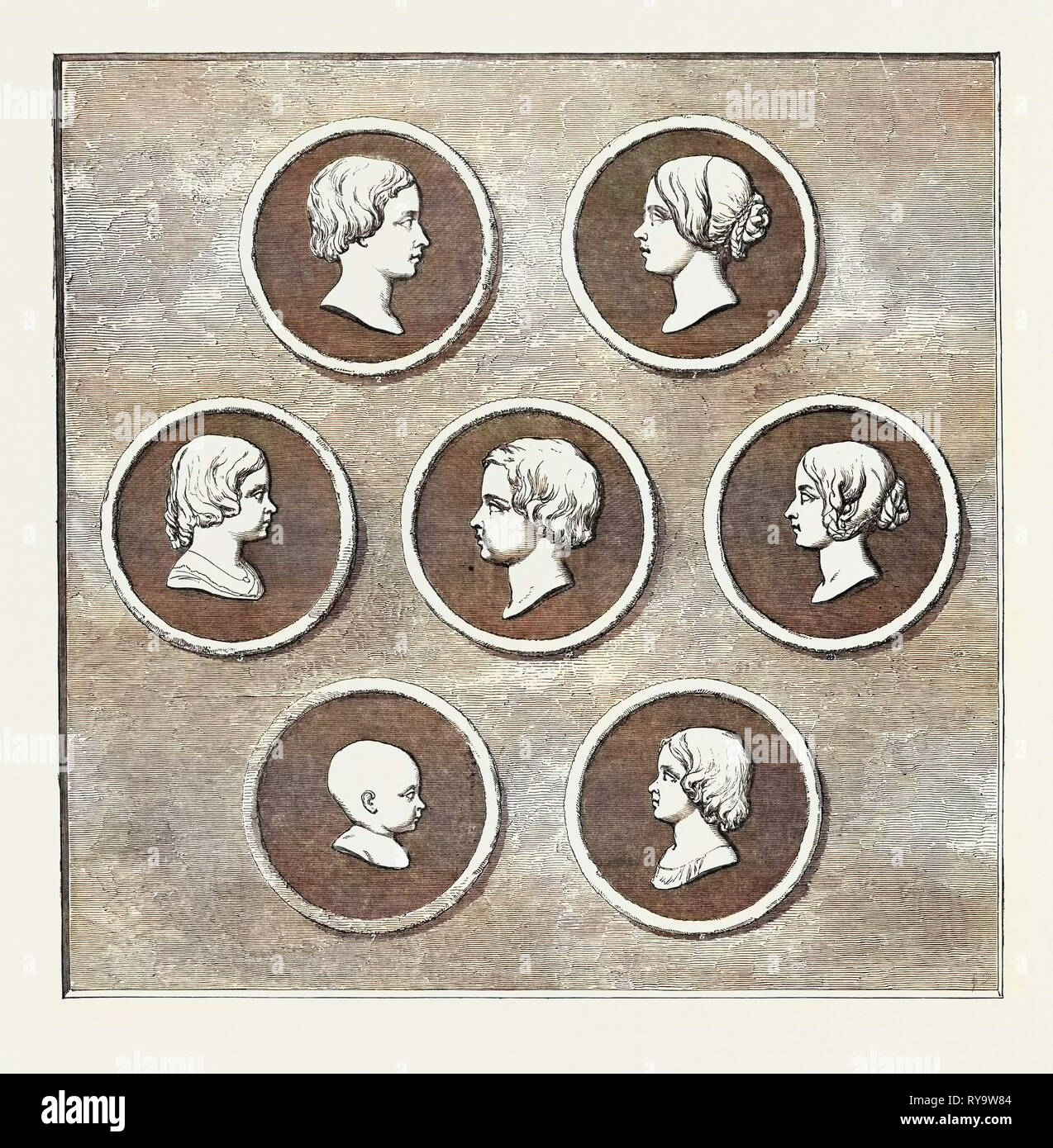 Portraits of the Royal Children, Modelled by Command of Her Majesty, Royal Mint: 1. Victoria Adelaide Mary Louisa, Born November 21, 1840, Princess Royal. 2. Albert Edward, Prince of Wales, Born November 9, 1841. 3. Alice Maud Mary, Born April 25, 1843. 4. Alfred Ernest Albert, Born August 6, 1844. 5. Helena Augusta Victoria, Born May 25, 1846. 6. Louisa Caroline  Alberta, Born March 18, 1848. 7. Arthur William Patrick Albert, Born May 1, 1850 Stock Photo