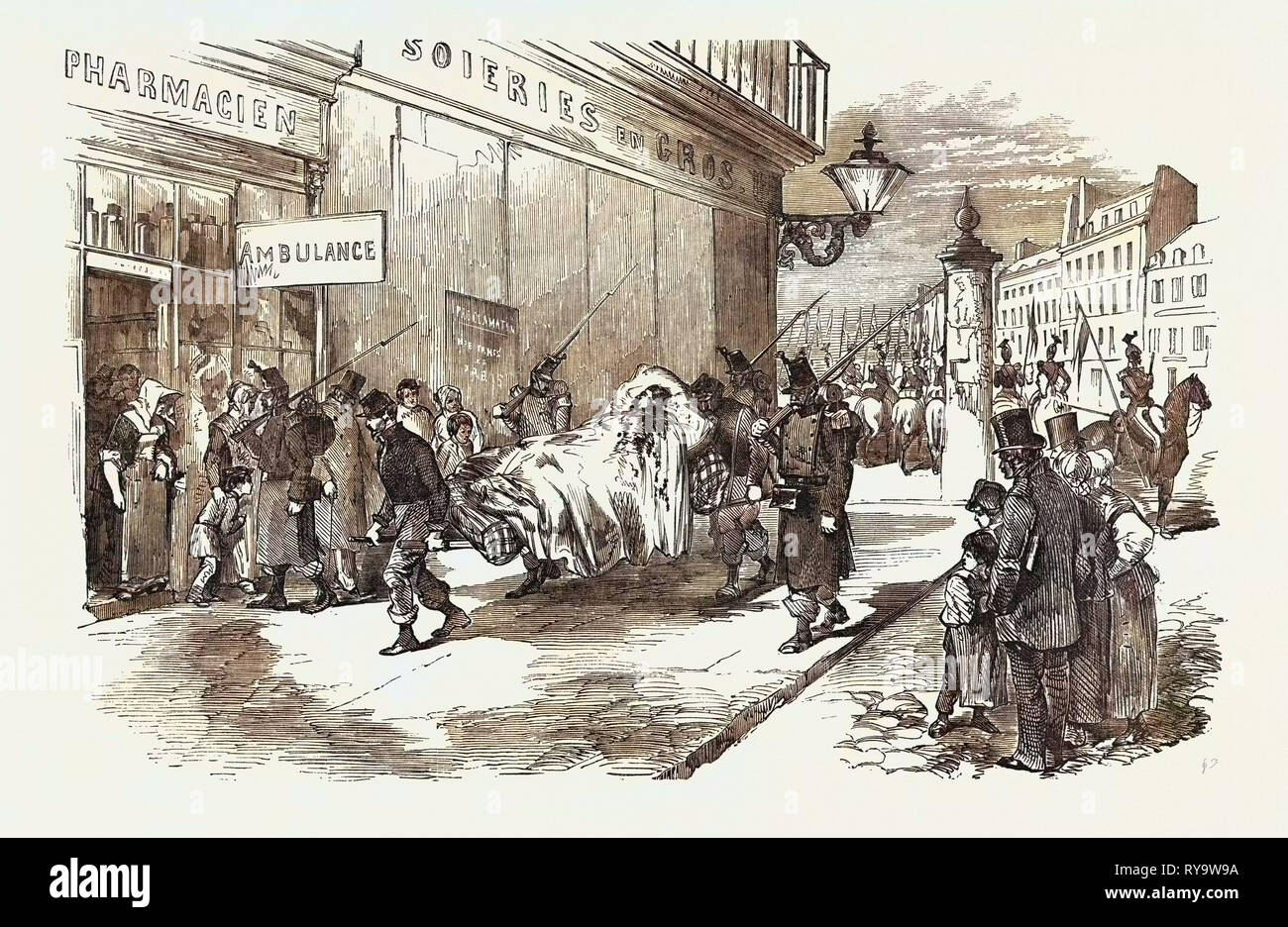 The Revolution in France: Taking the Wounded to the Ambulance, 1851 Stock Photo