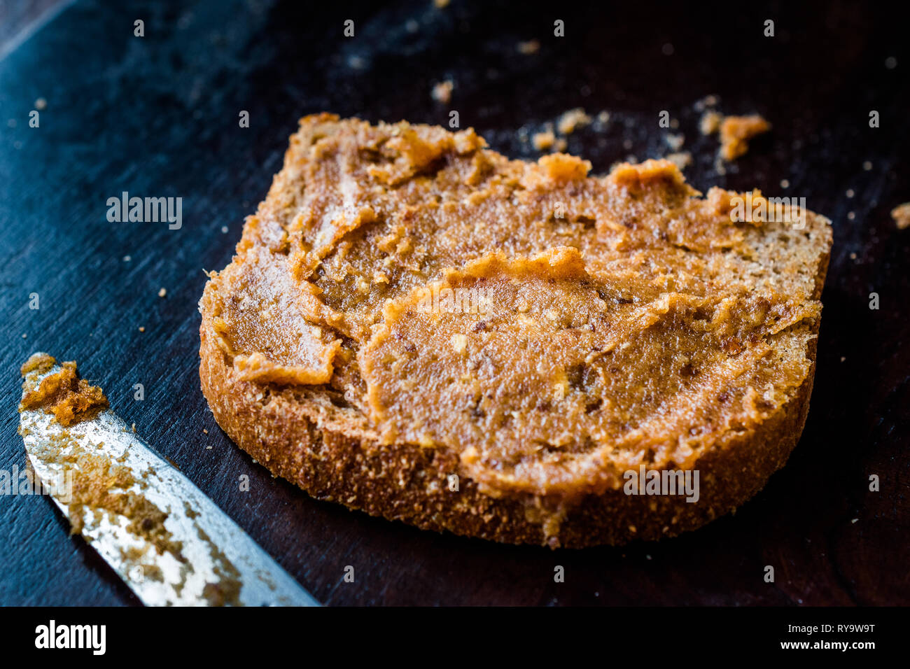 Organic Date Fruit Paste Dough with Bread. for Breakfast. Stock Photo