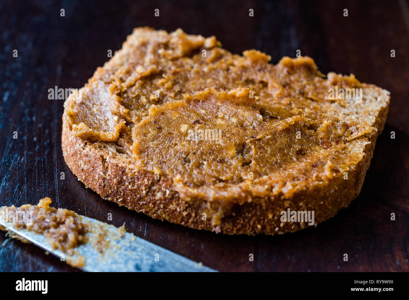Organic Date Fruit Paste Dough with Bread. for Breakfast. Stock Photo