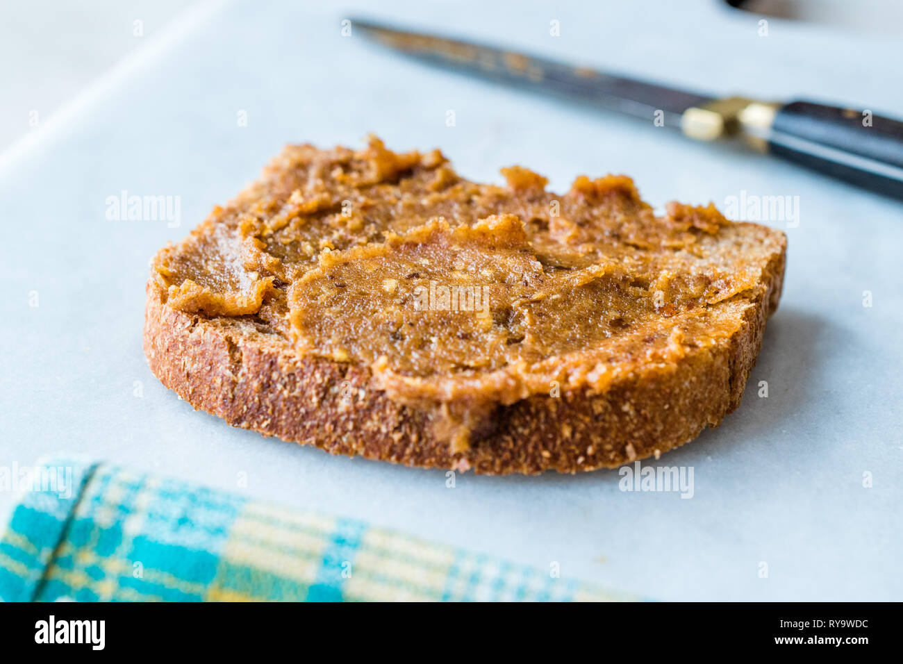 Organic Date Fruit Paste Dough with Bread. for Breakfast. Stock Photo