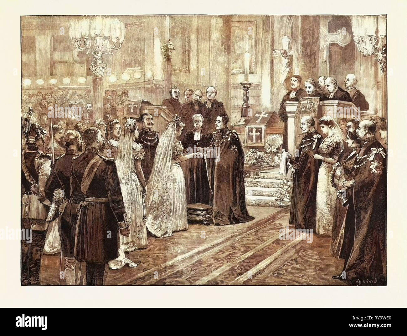 The Royal Marriage at Berlin, Germany: Wedding Ceremony in the Chapel of the Royal Palace, Prince Frederick Charles of Hesse and Princess Margaret of Prussia, 1893, 1893 Engraving Stock Photo