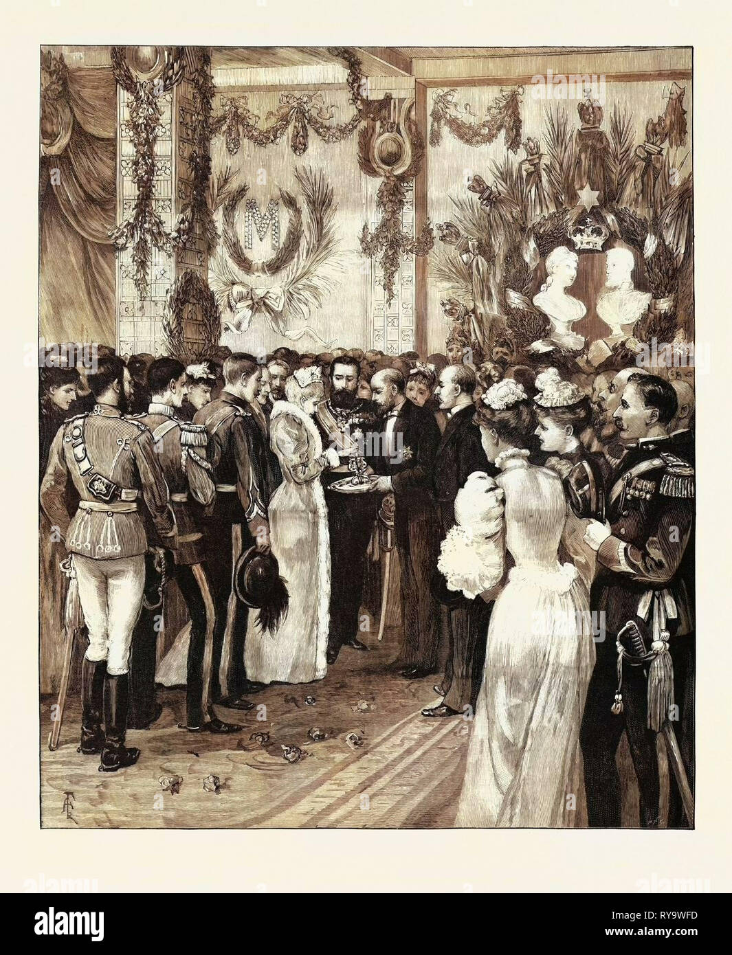 The Royal Home-Coming at Bucharest: The Mayor Offering Bread and Salt at the Railway Station, Romania, 1893 Engraving Stock Photo