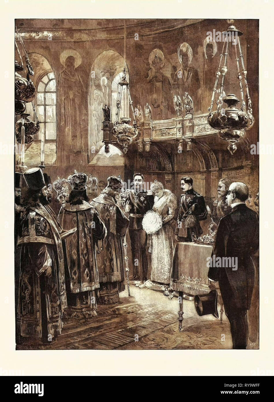 The Royal Home-Coming at Bucharest: Ceremony in the Metropolitan Church, Romania, 1893 Engraving Stock Photo
