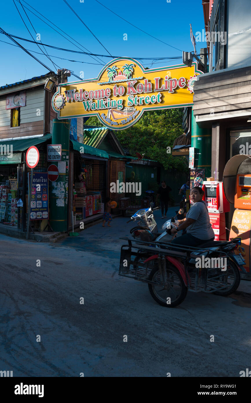 Walking street beginning with Welcome sign, Koh Lipe, Thailand Stock Photo