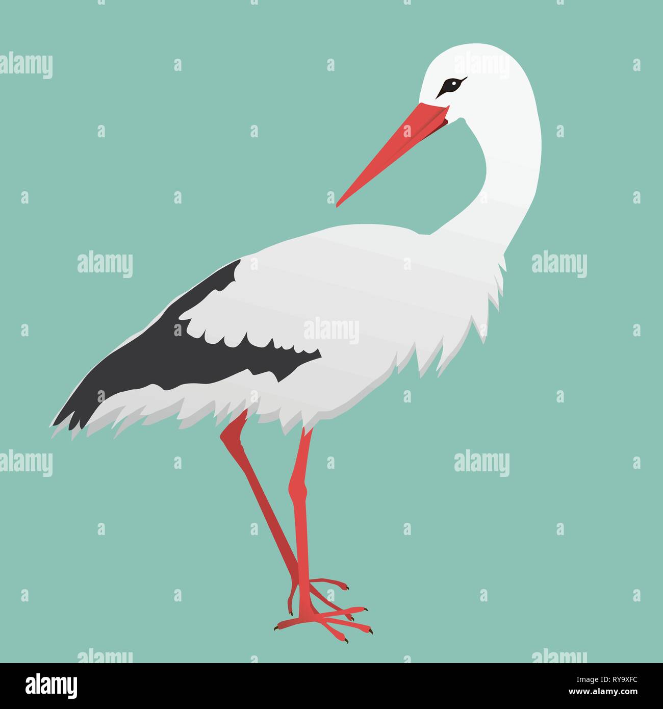 A vector illustration of a white stork. The background is green Stock Vector