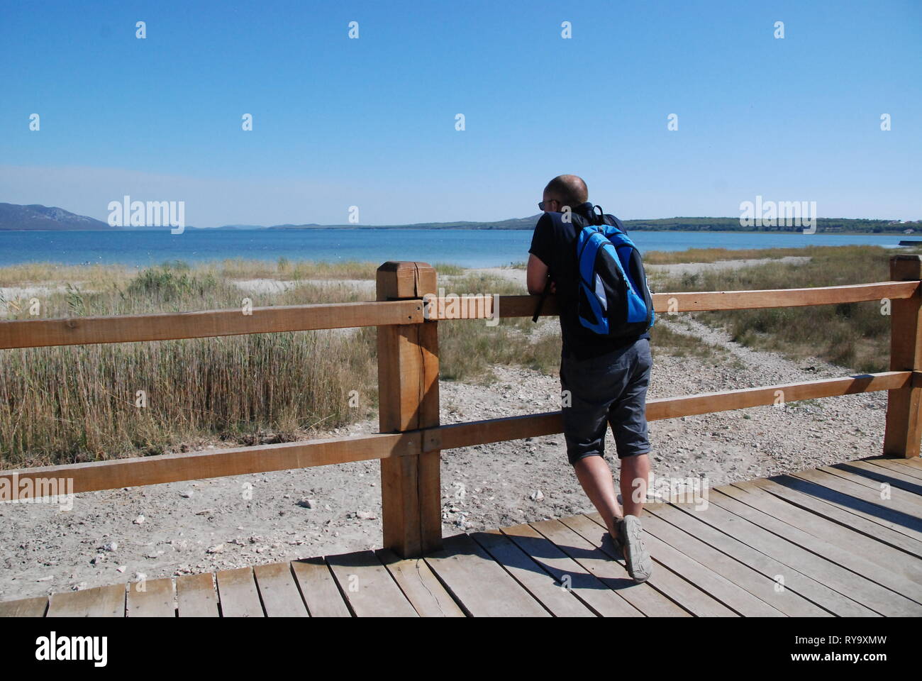 Bird Watching at Vransko Jezero in Croatia; Active Adventure Tourism, Hike through Nature Reserve, Sand Dunes, Reed and Lake Landscape, Observatory Stock Photo