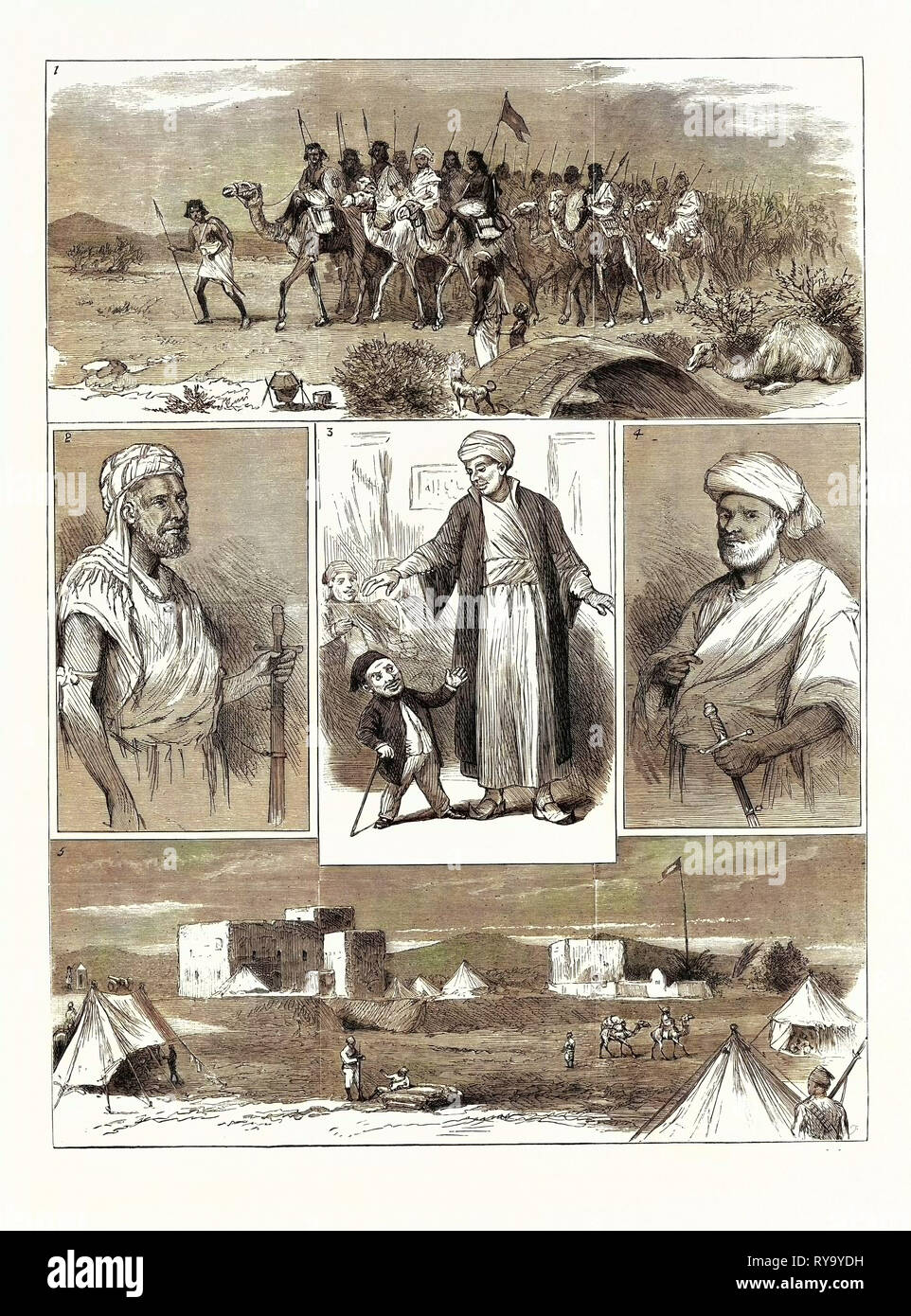 The Rebellion in the Soudan (Sudan): 1. Sheik Halifa with Eighty of His Followers Coming from the Mountains to Submit to the Sheik El-Morgani. 2. Sheik Halifa. 3. The Giant of Dongola and the Dwarf of Stamboul. 4. Sheik Moussa. 5. Headquarters of General Sartorius Outside Suakim Stock Photo