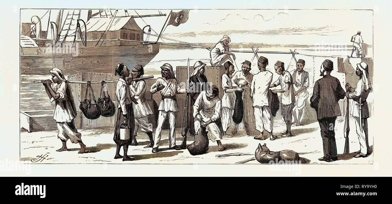 The Rebellion in the Soudan (Sudan) with Baker Pasha's Expedition to Relieve Tokar: The Condensing Ship Dib El Bahr Condensing Water for the Troops at Trinkitat Stock Photo