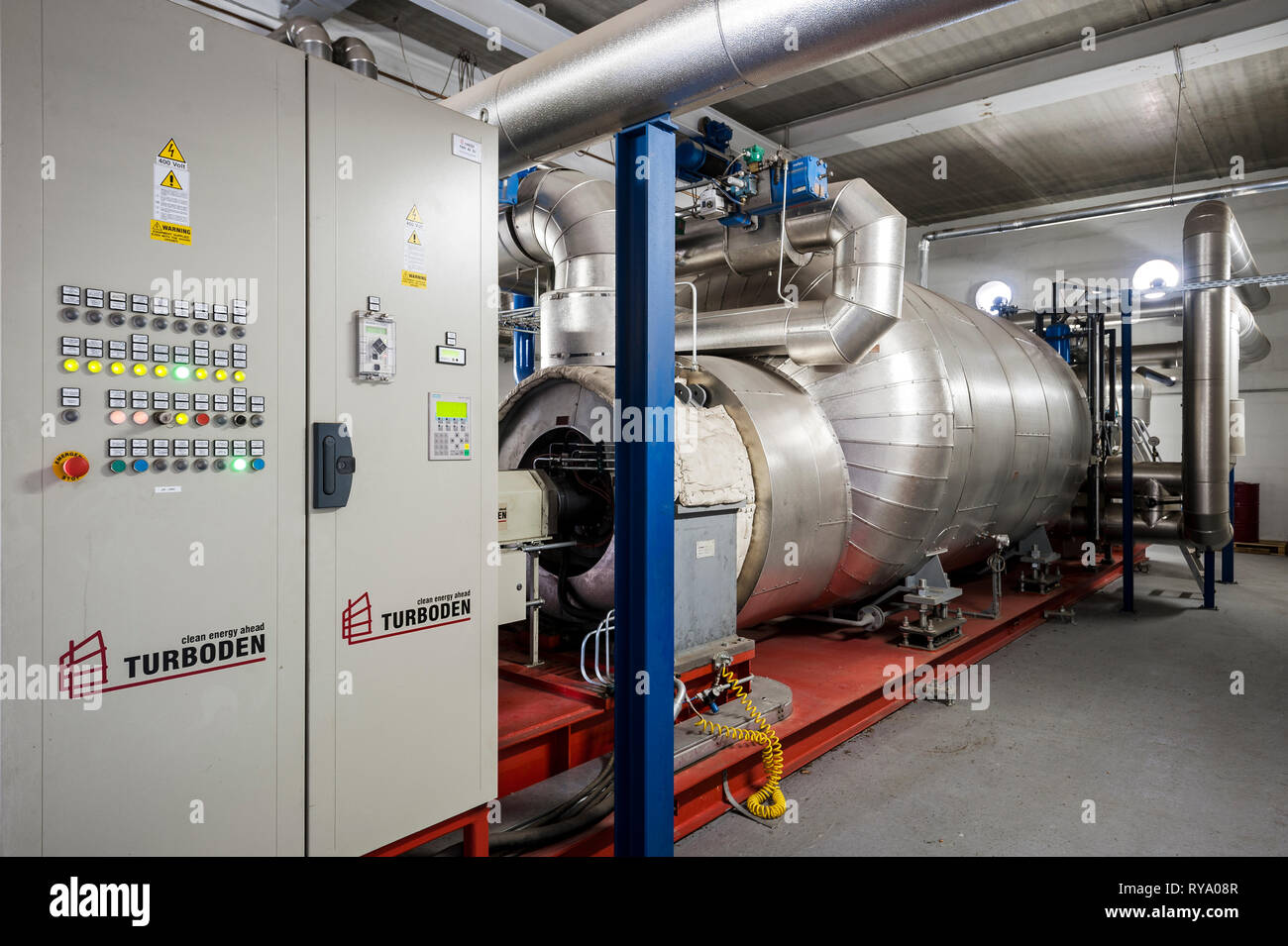 Control panel by silver machinery in factory Stock Photo