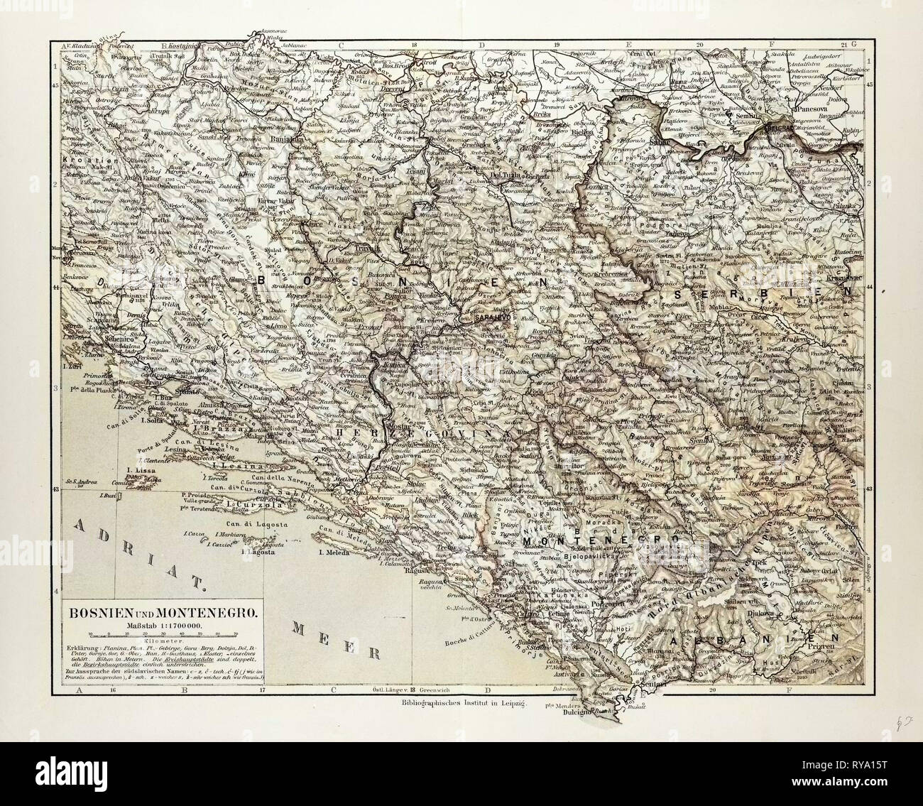 Map of Bosnia and Herzegovina Montenegro Serbia 1899 Stock Photo