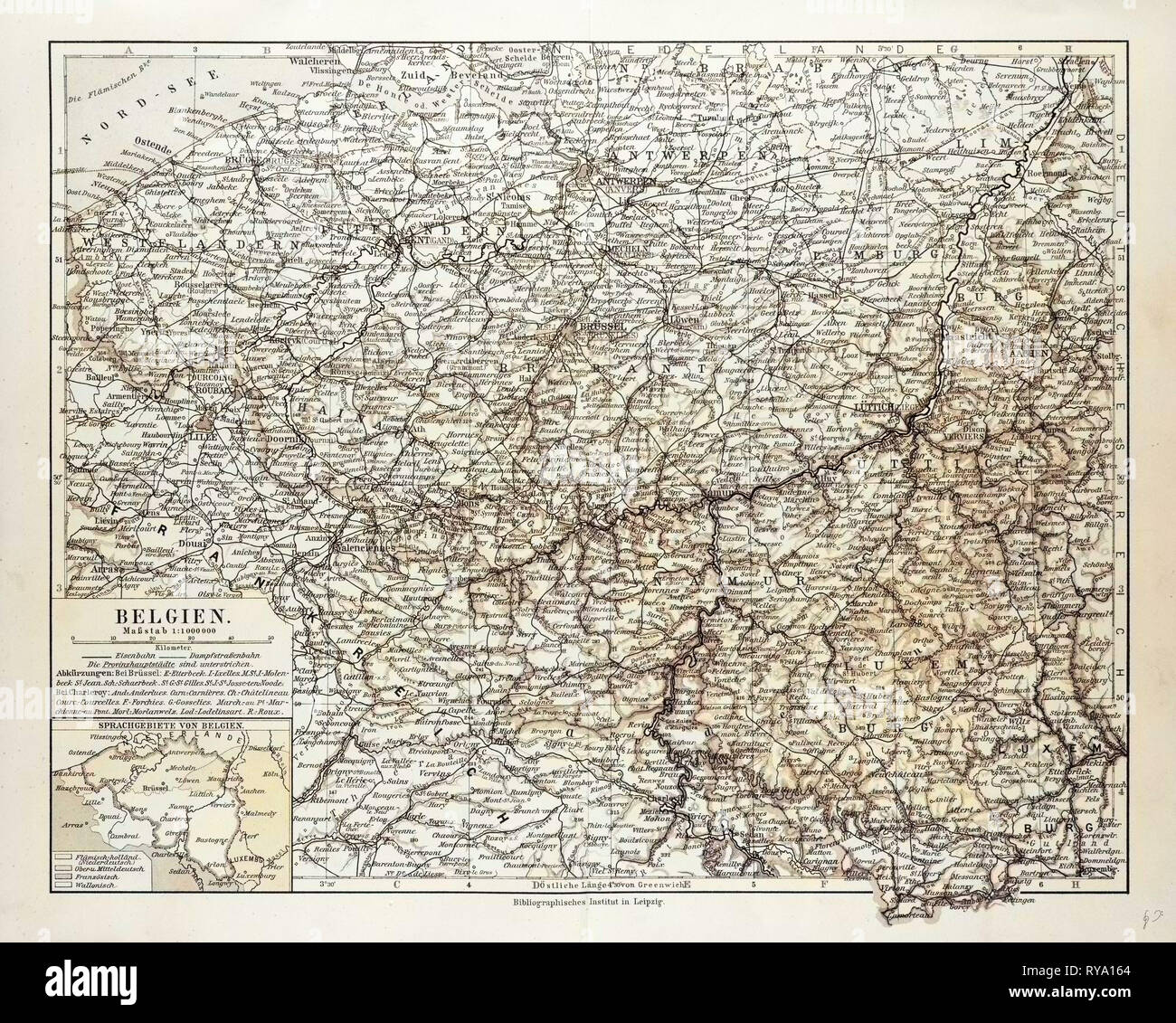 Map of Belgium 1899 Stock Photo