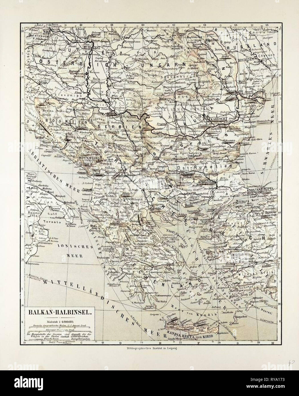 Map of Austria-Hungary Greece Serbia Bosnia and Herzegovina Romania Bulgaria Macedonia Montenegro and Crete Albania Bulgaria 1899 Stock Photo